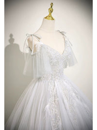 A-Line V Neck Tulle Lace Light Gray Long Prom Dress, Light Gray Long Formal Dress