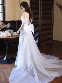 White Off Shoulder Tulle Lace Long Prom Dress, White Tulle Formal Dress