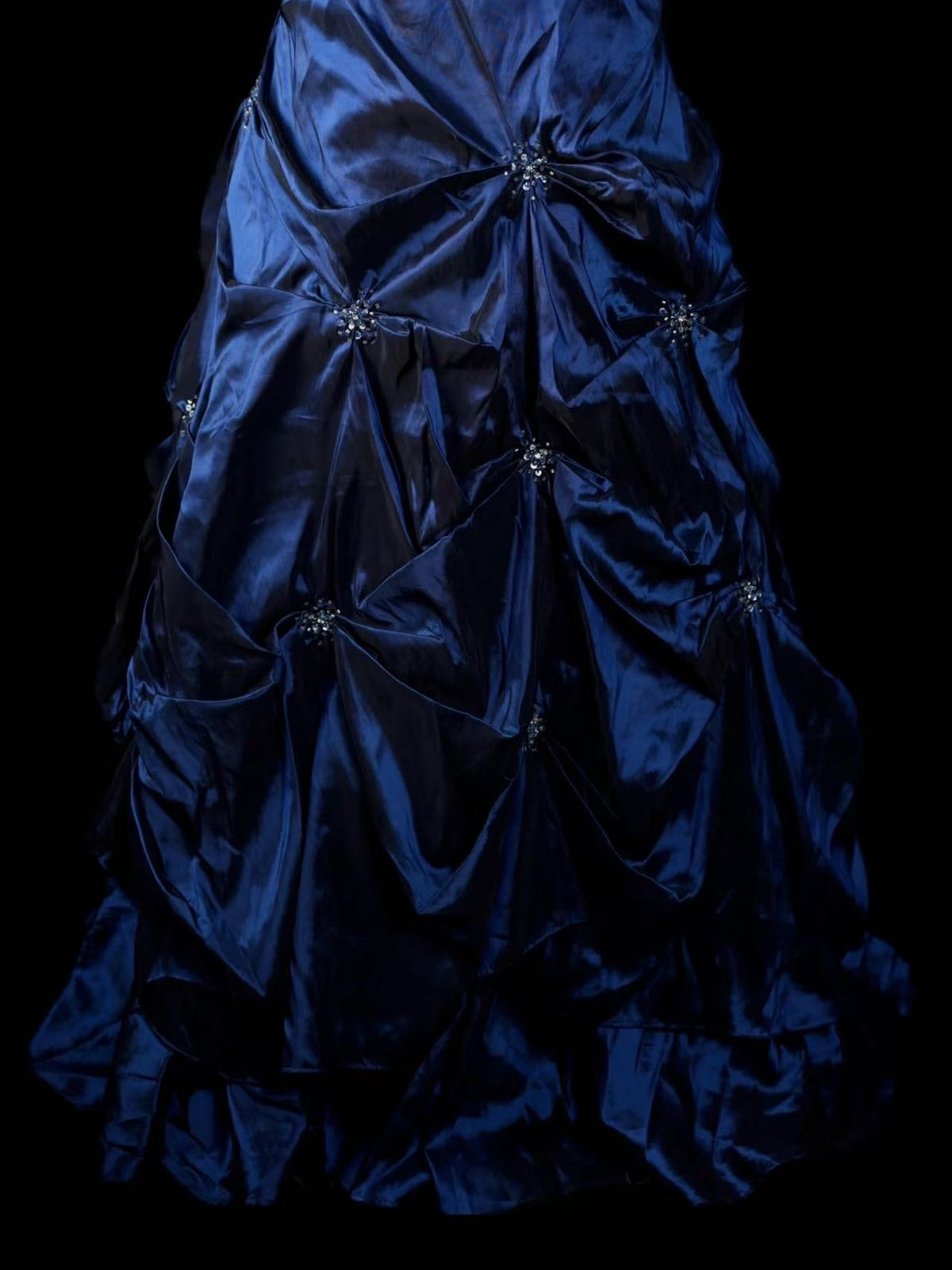 Dark Blue Satin Spaghetti Straps A-Line Prom Dress with Beaded Bodice and Pick-Up Skirt