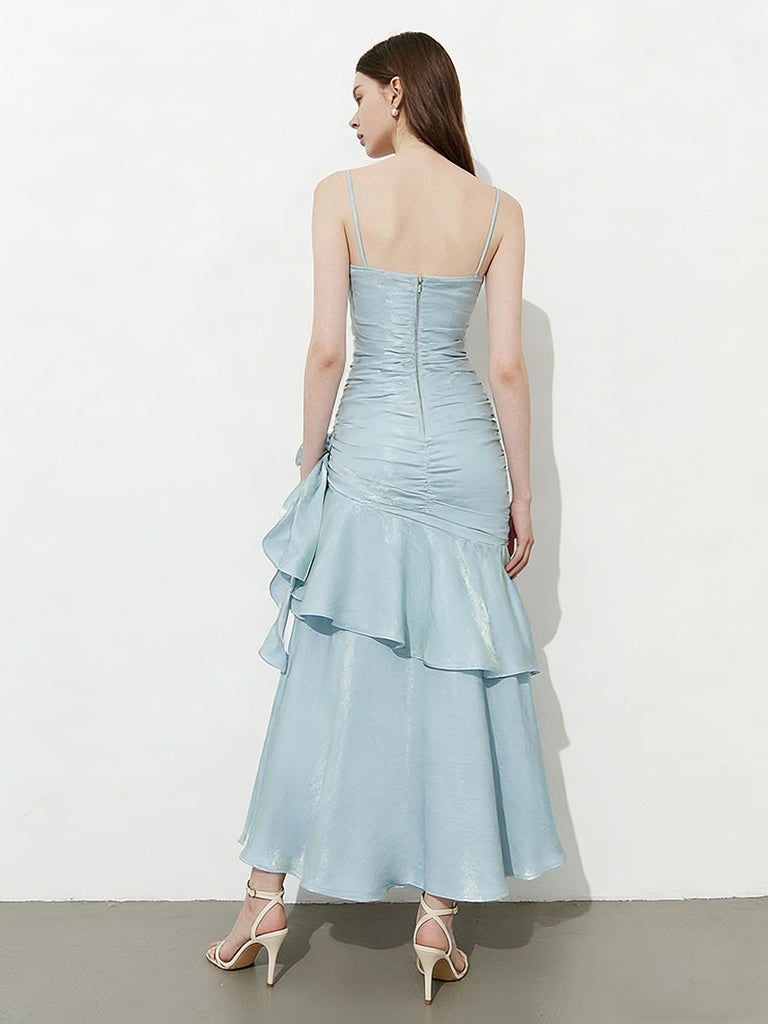 A-Line Sweetheart Neck Satin Tea Length Blue Party Dress
