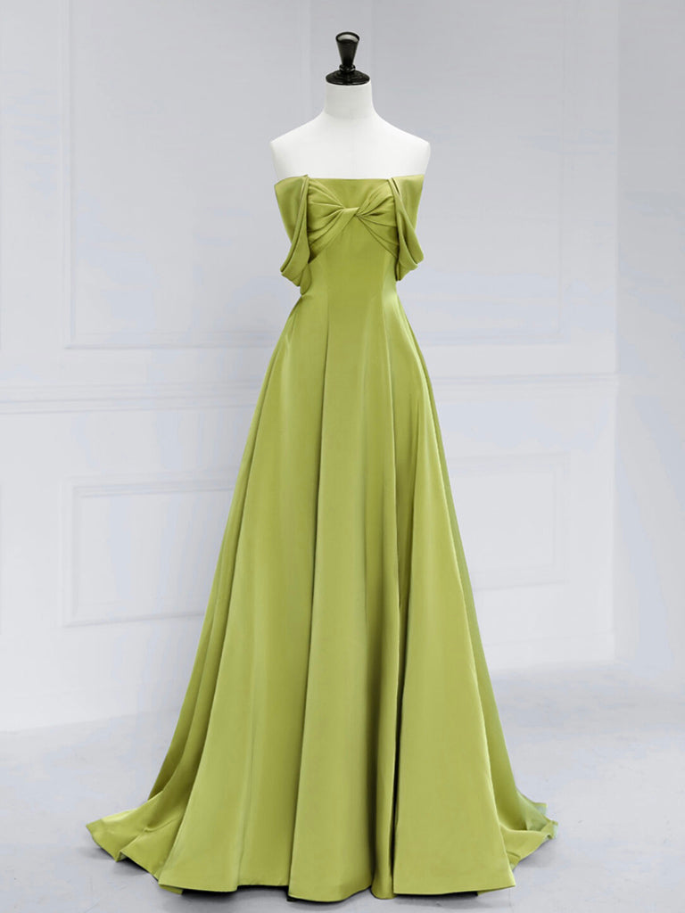 A-Line Off Shoulder Green Satin Long Prom Dress, Green Long Formal Evening Dress