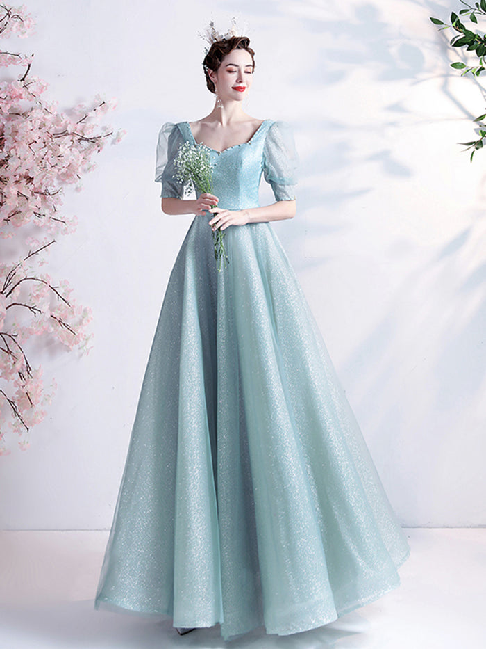 A-Line Tulle Blue Long Prom Dress, Blue Tulle Formal Dress