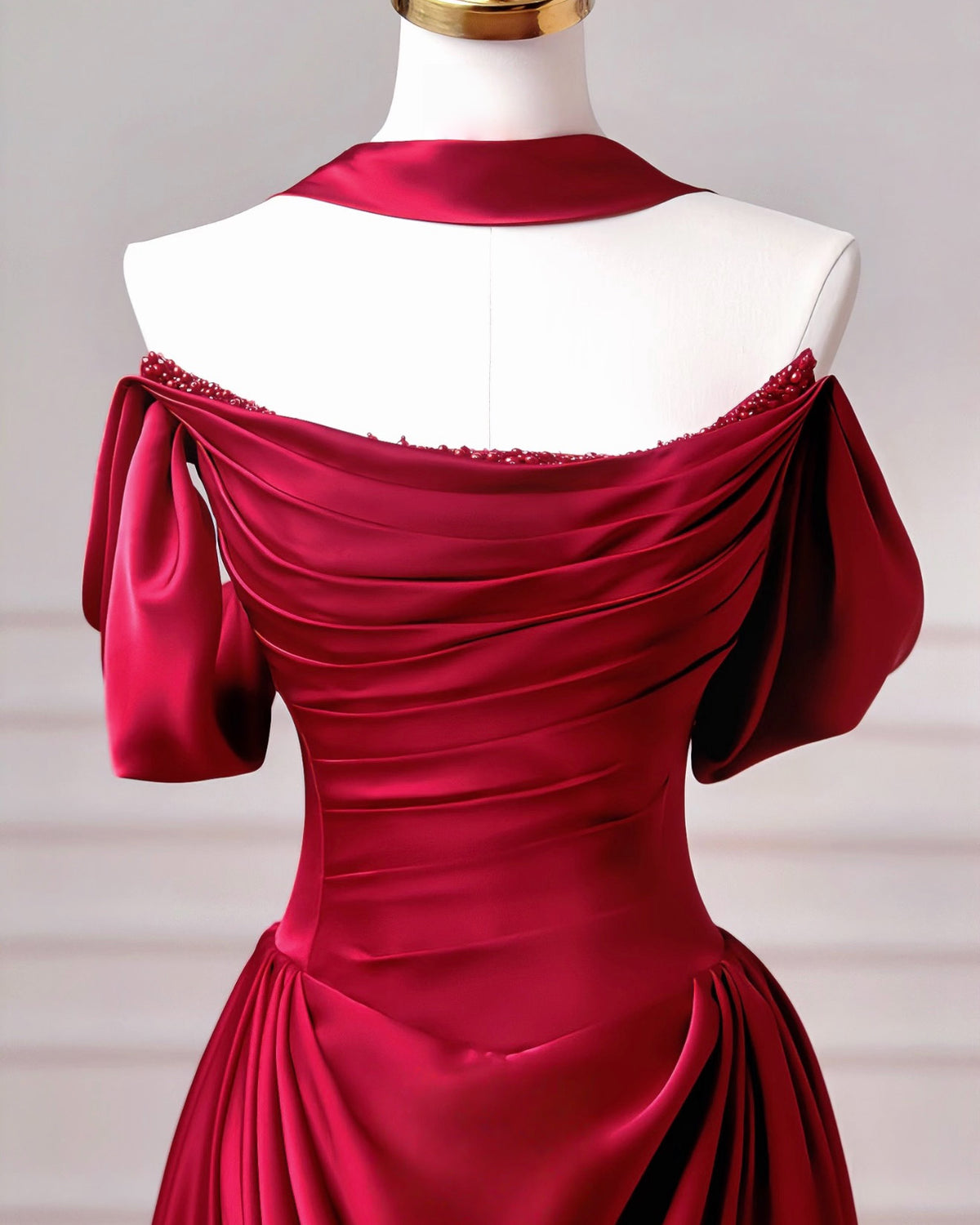 A-Line Spoon Neck off Shoulder  Burgundy Long Prom Dress