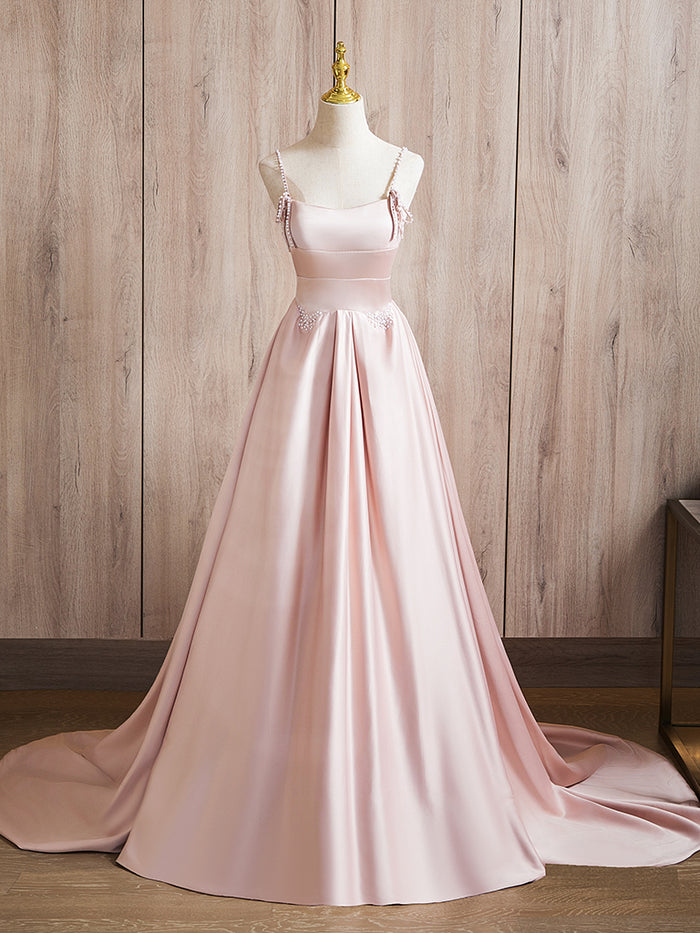 A-Line Satin Beads Pink Long Prom Dress, Pink Long Formal Dress