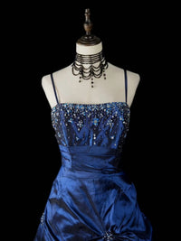 Dark Blue Satin Spaghetti Straps A-Line Prom Dress with Beaded Bodice and Pick-Up Skirt