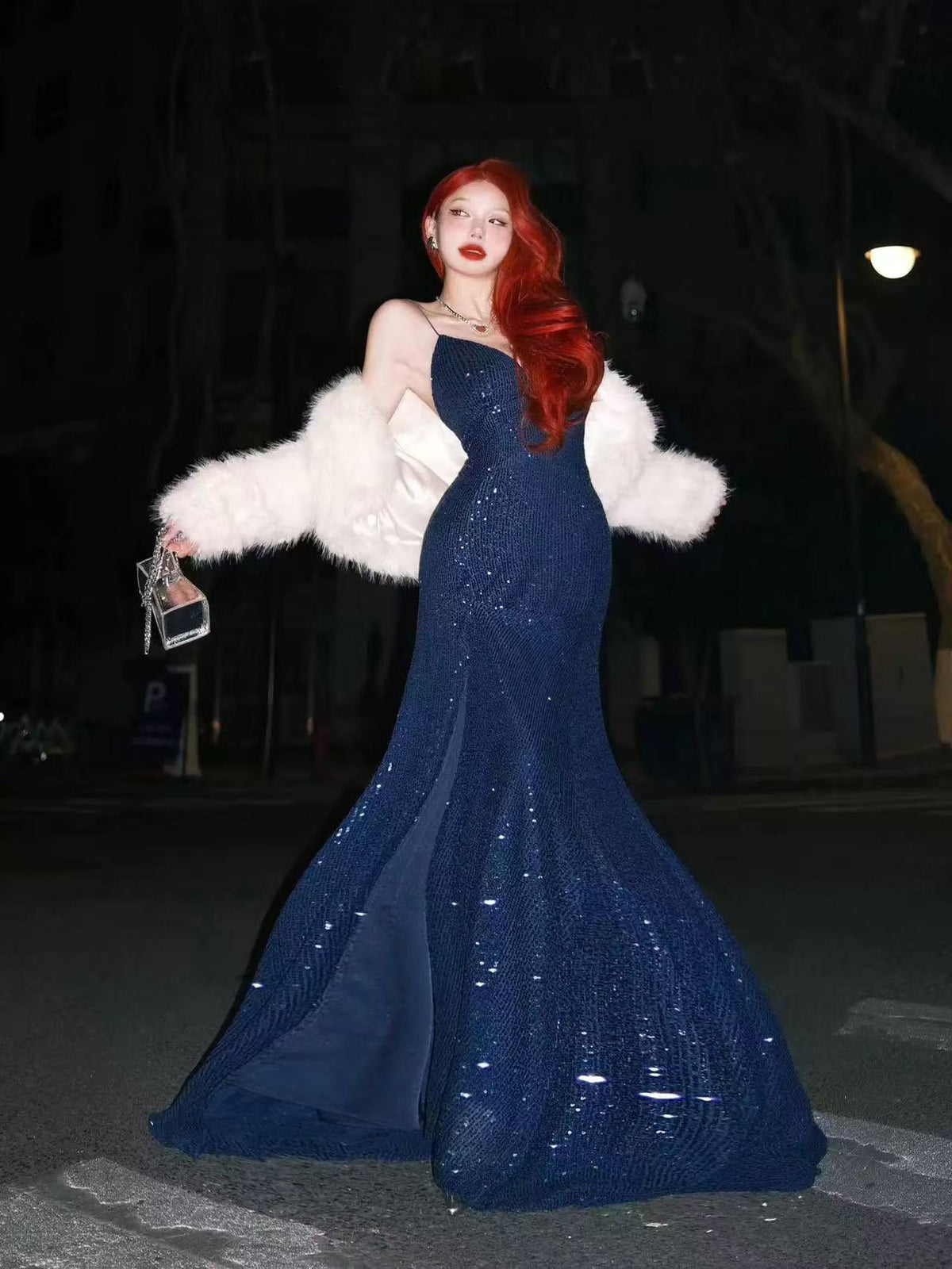 Mermaid V Neck Floor Length Sequin Dark Blue Prom Dress