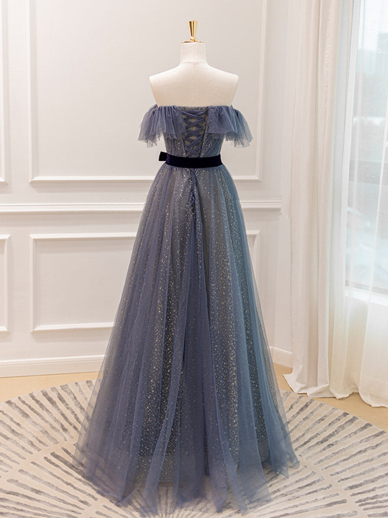 A-Line Off Shoulder Tulle Gray Blue Long Prom Dress, Gray Blue Formal