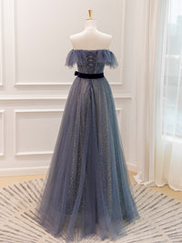 A-Line Off Shoulder Tulle Gray Blue Long Prom Dress, Gray Blue Formal Dress