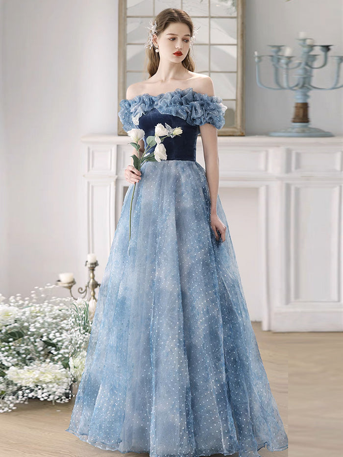 Blue  A-Line Tulle Lace Long Prom Dress, Blue Long Formal Dress