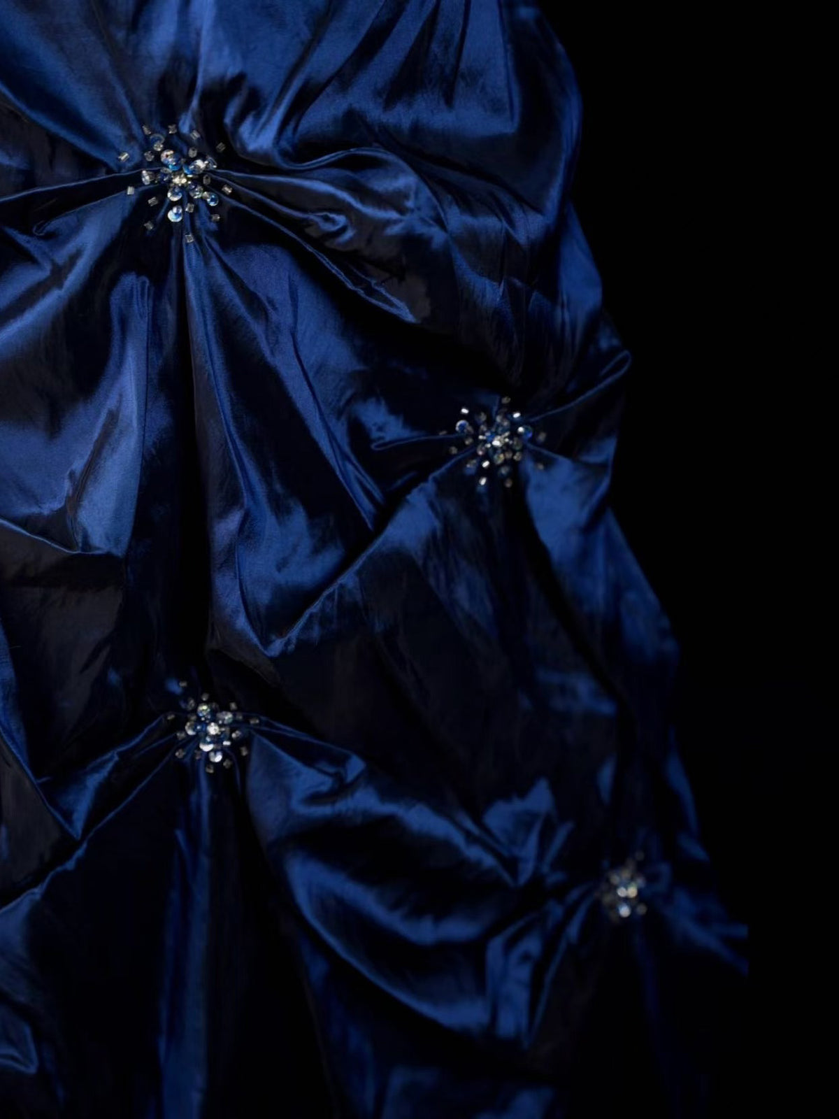 Dark Blue Satin Spaghetti Straps A-Line Prom Dress with Beaded Bodice and Pick-Up Skirt