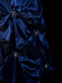 Dark Blue Satin Spaghetti Straps A-Line Prom Dress with Beaded Bodice and Pick-Up Skirt