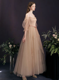 A-Line Champagne Long Prom Dress, Champagne Tulle Formal Evening Dress