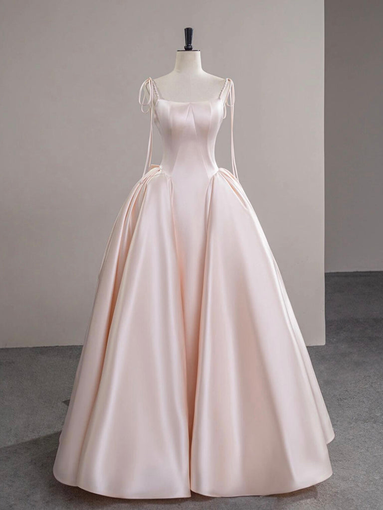 A-Line Satin Pink Champagne Long Prom Dress, Pink Champagne Long Evening Dress