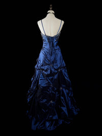 Dark Blue Satin Spaghetti Straps A-Line Prom Dress with Beaded Bodice and Pick-Up Skirt