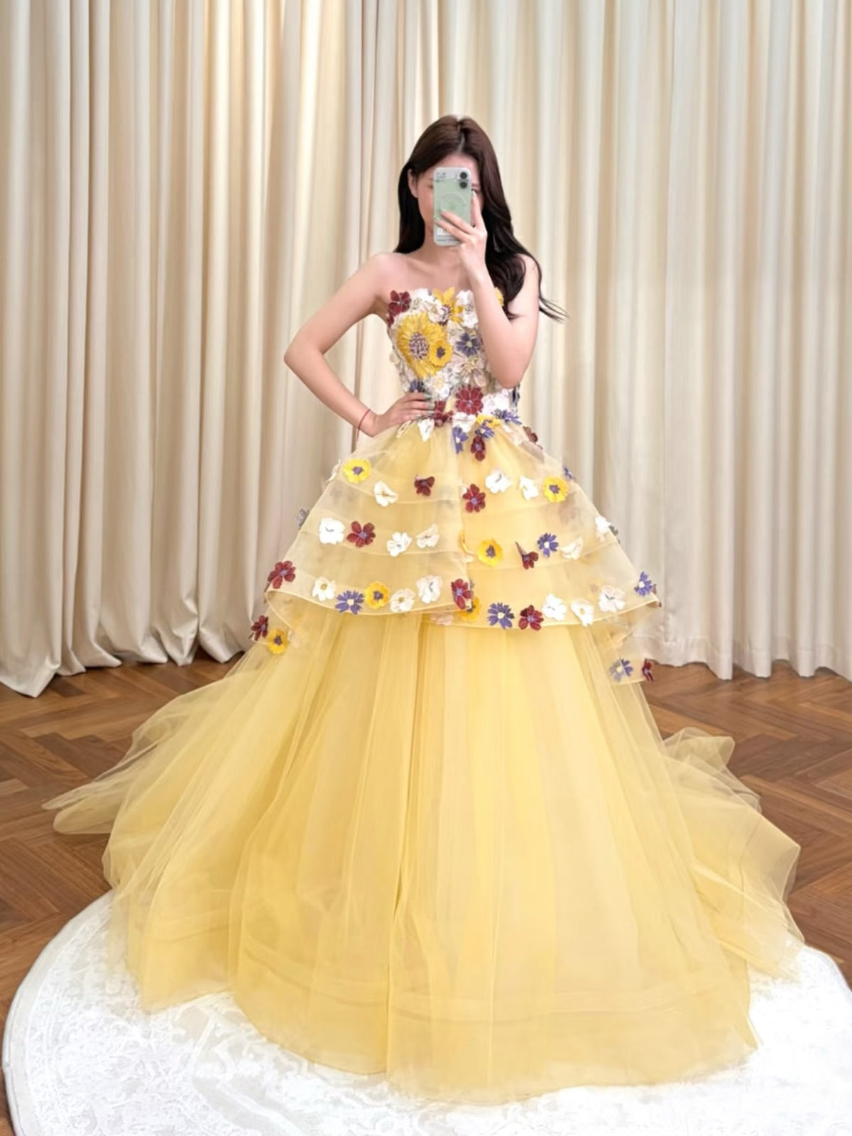 A-line Sweep Train Tulle Yellow Prom Dress with Lace Applique – toptby