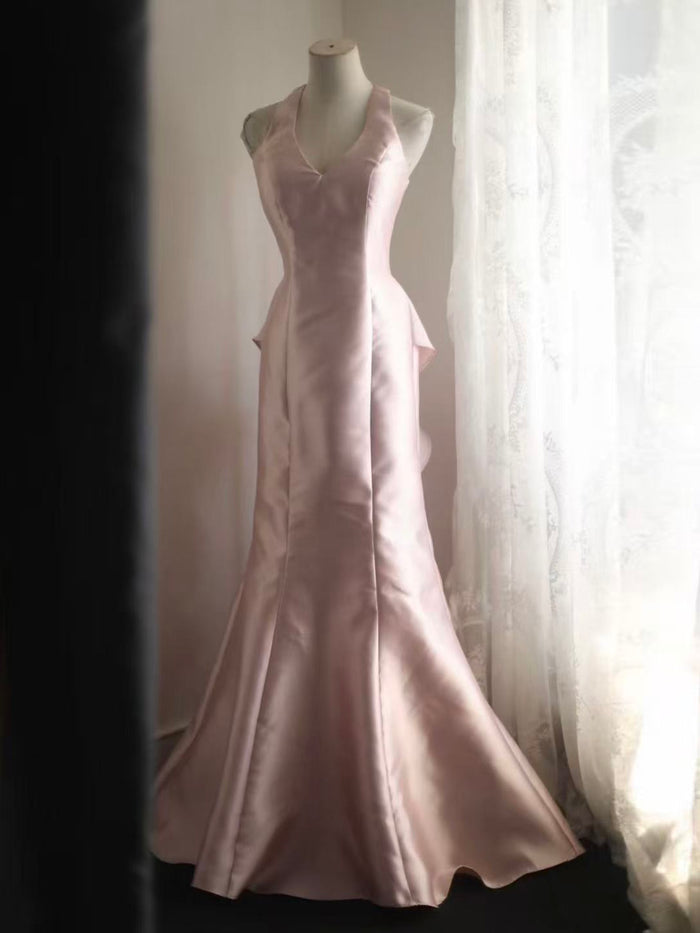 Unique Mermaid Satin Pink Long Prom Dress, Pink Party Dress