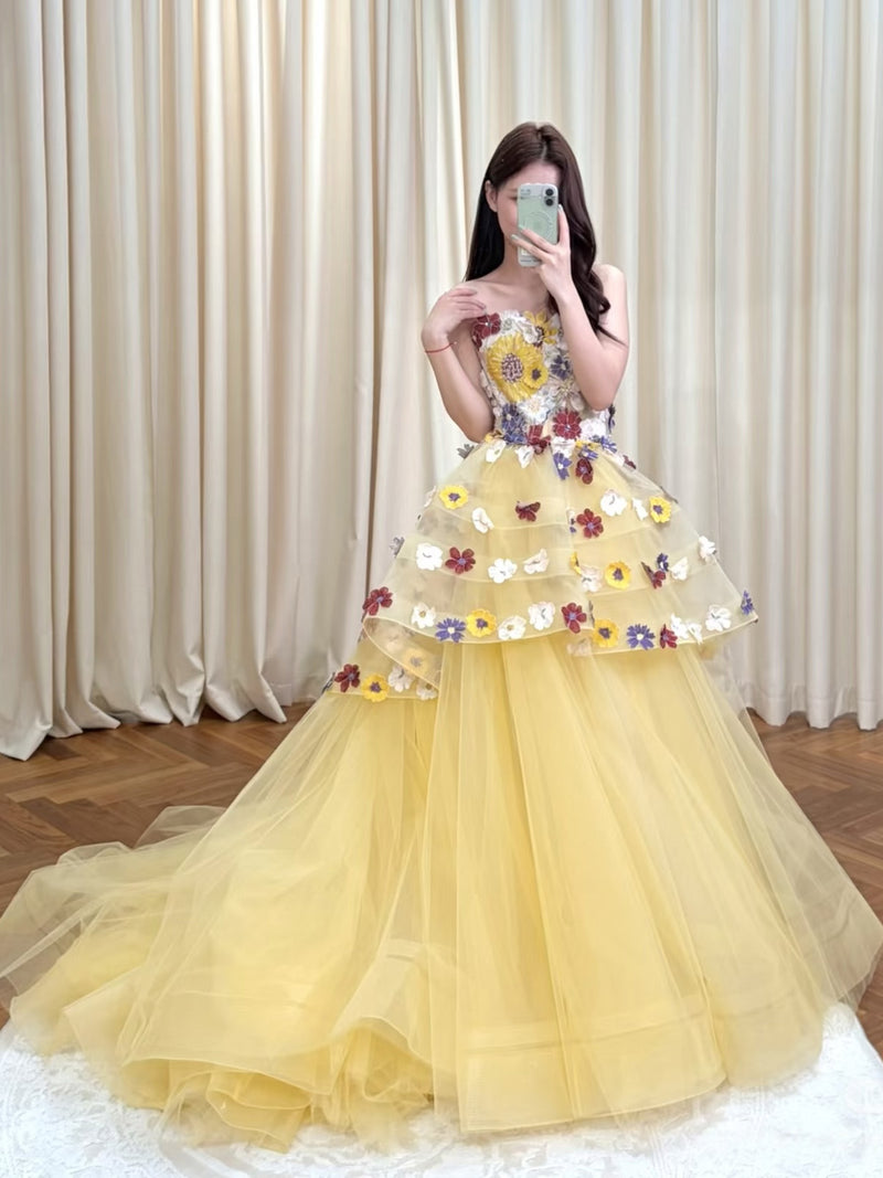 yellow prom dress lace A-line Sweep Train Tulle with Applique – toptby How to LOOK GOOD preppy girls This long ruffle prom Color:Meadow Haze