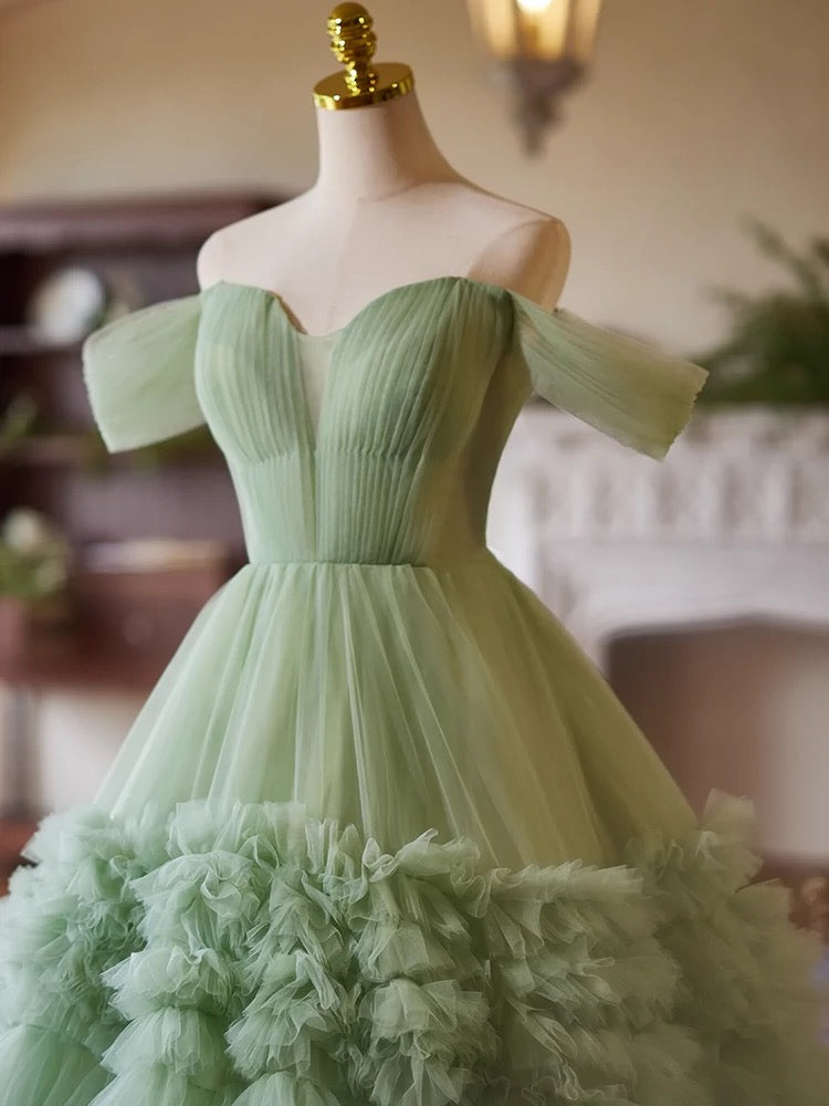 A-Line Off Shoulder Sweetheart Neck Tulle Green Long Prom Dress