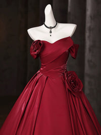 A-line Sweetheart Floor Length Satin Burgundy Long Prom Dress
