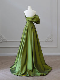 A- Line V Neck Satin Green Long Prom Dress, Green Long Formal Dress