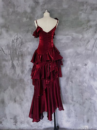 A-line Off Shoulder Silk Irregular Ruffles Burgundy Prom Dress