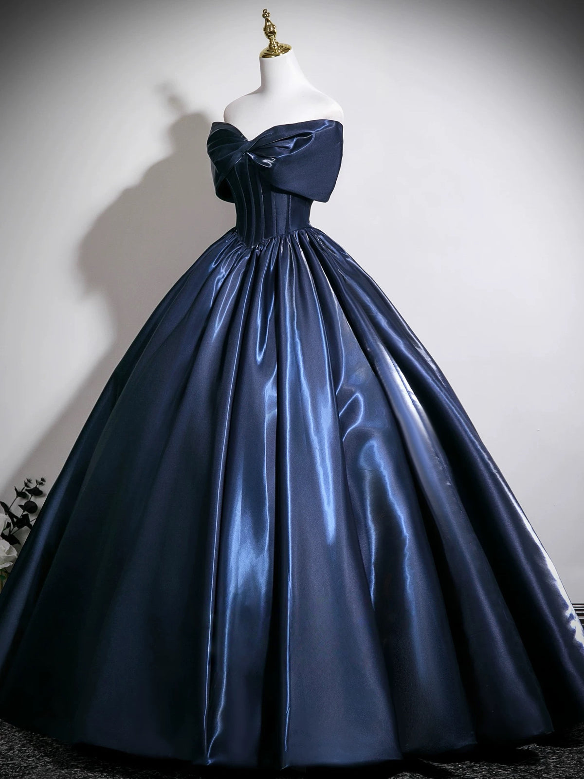 A-line V Neck Satin Floor Length Dark Blue Long Prom Dress