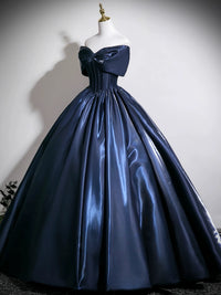 A-line V Neck Satin Floor Length Dark Blue Long Prom Dress