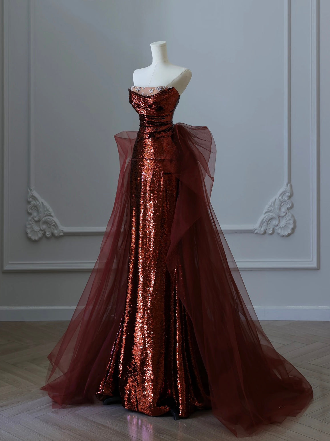 A-Line Floor Length Tulle Sequin Burgundy Prom Dress, Burgundy Party Dress