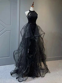 A-Line High Neck Tulle Sequin Black Long Prom Dress, Black Evening Dress