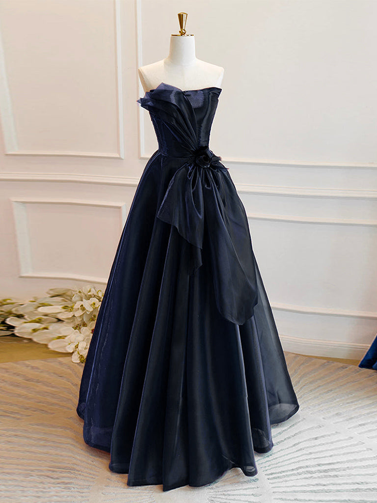 A-Line Off Shoulder Organza Dark Blue Long Prom Dress, Dark Blue Long Formal Dress