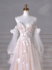 A-Line Long Sleeves Tulle Lace Champagne Long Prom Dress, Champagne Long Formal Dress