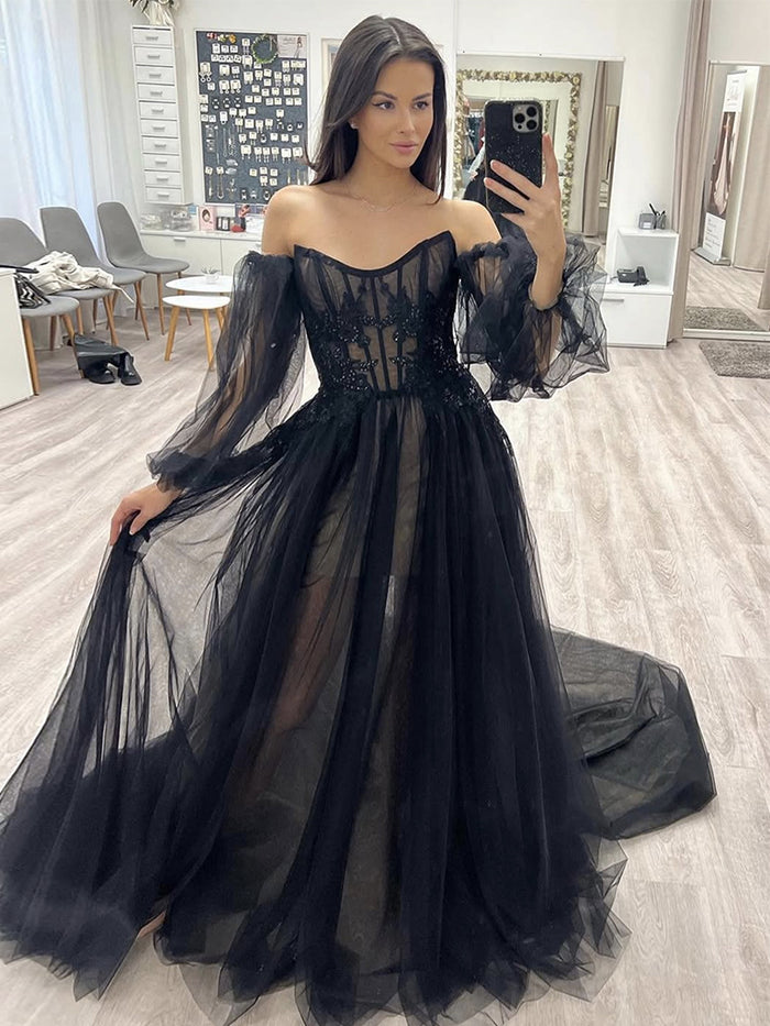 A-Line Long Sleeve Tulle Lace Black Long Prom Dress, Black Long Formal Dress