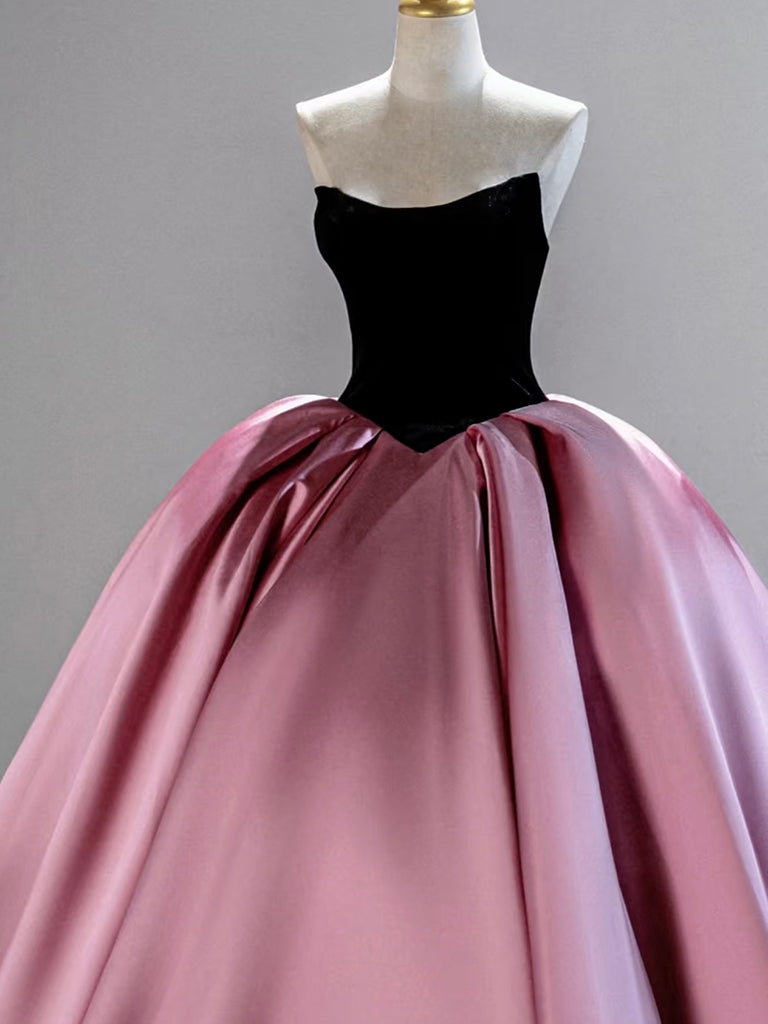 A-Line Satin Black/Pink Long Prom Dress, Black/ Pink Long Formal Dress