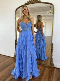 A-Line Sweetheart Neck Chiffon Lace Blue Long Prom Dress, Blue Long Graduation Dress