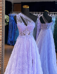 A-Line Tulle Lace Purple Long Prom Dress, Purple Long Formal Dress