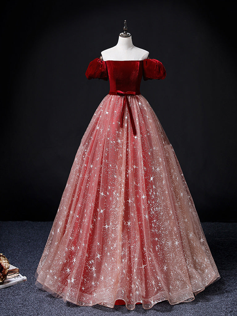 A-Line Burgundy/Pink Tulle Long Prom Dress, Burgundy/Pink Sweet 16 Dre toptby A-Line Burgundy/Pink Tulle Long Prom Dress, Burgundy/Pink Sweet 16 Dre toptby