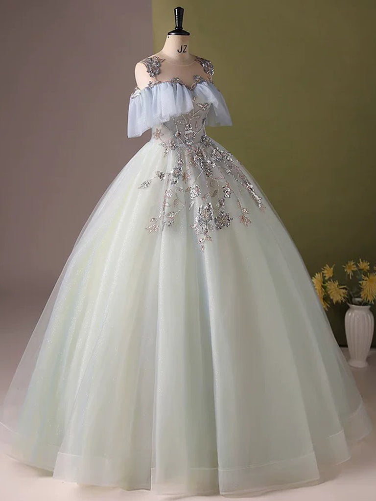 A-Line Off Shoulder Tulle Sequin Light Blue Long Prom Dress