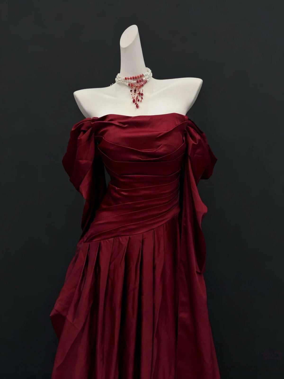 Elegant A-line Sweep Train Satin Long Burgundy Prom Dress