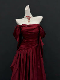 Elegant A-line Sweep Train Satin Long Burgundy Prom Dress