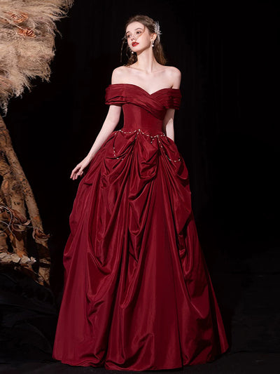 A Line Burgundy Sweetheart Satin Prom Dress with Pockets LBQ2380