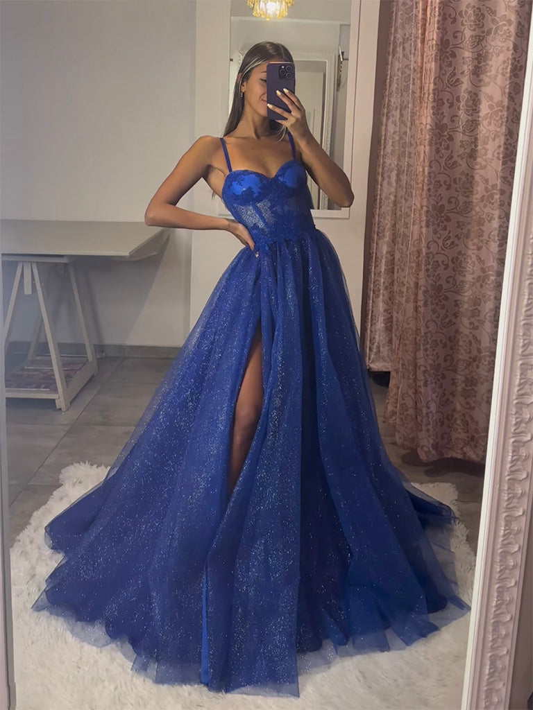 A-Line Sweetheart Neck Tulle Lace Blue Long Prom Dress, Blue Lace Long Evening Dress