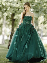 A-Line Tulle Lace Backless Green Long Prom Dress, Green Lace Long Formal Dress