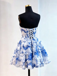 A-line V Neck Chiffon Blue Short Prom Dress, Blue Homecoming Dress