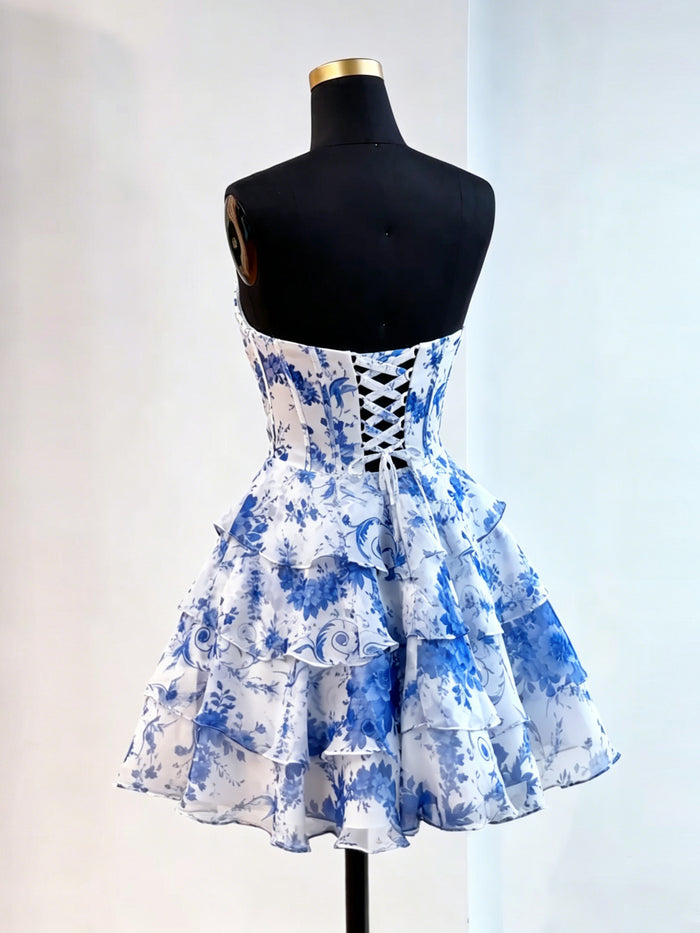 A-line V Neck Chiffon Blue Short Prom Dress, Blue Homecoming Dress