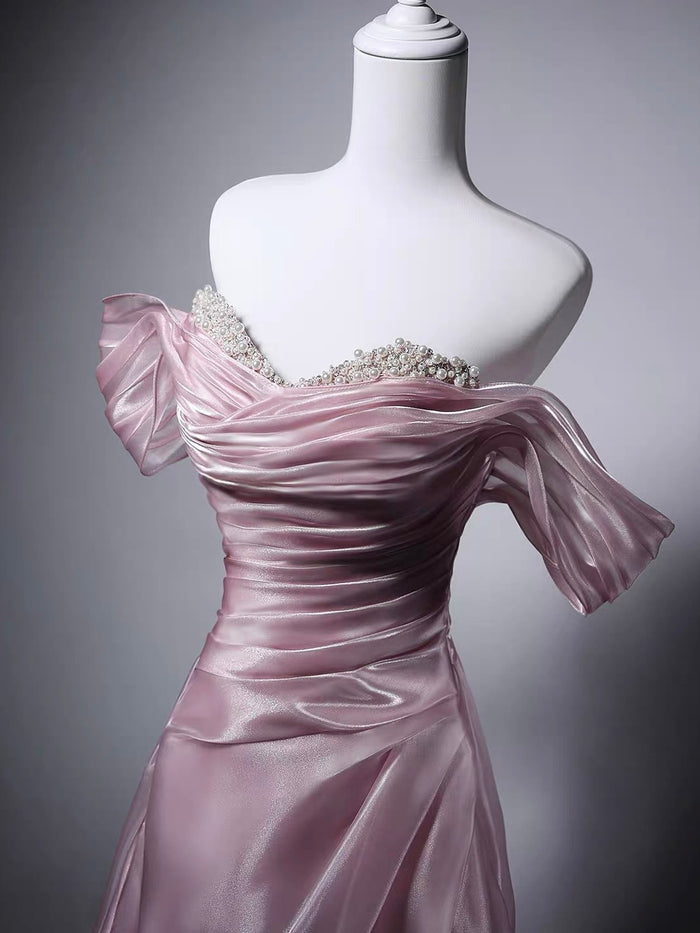 A-line Sweetheart Neck Off Shoulder Pink Long Prom Dress with Beads