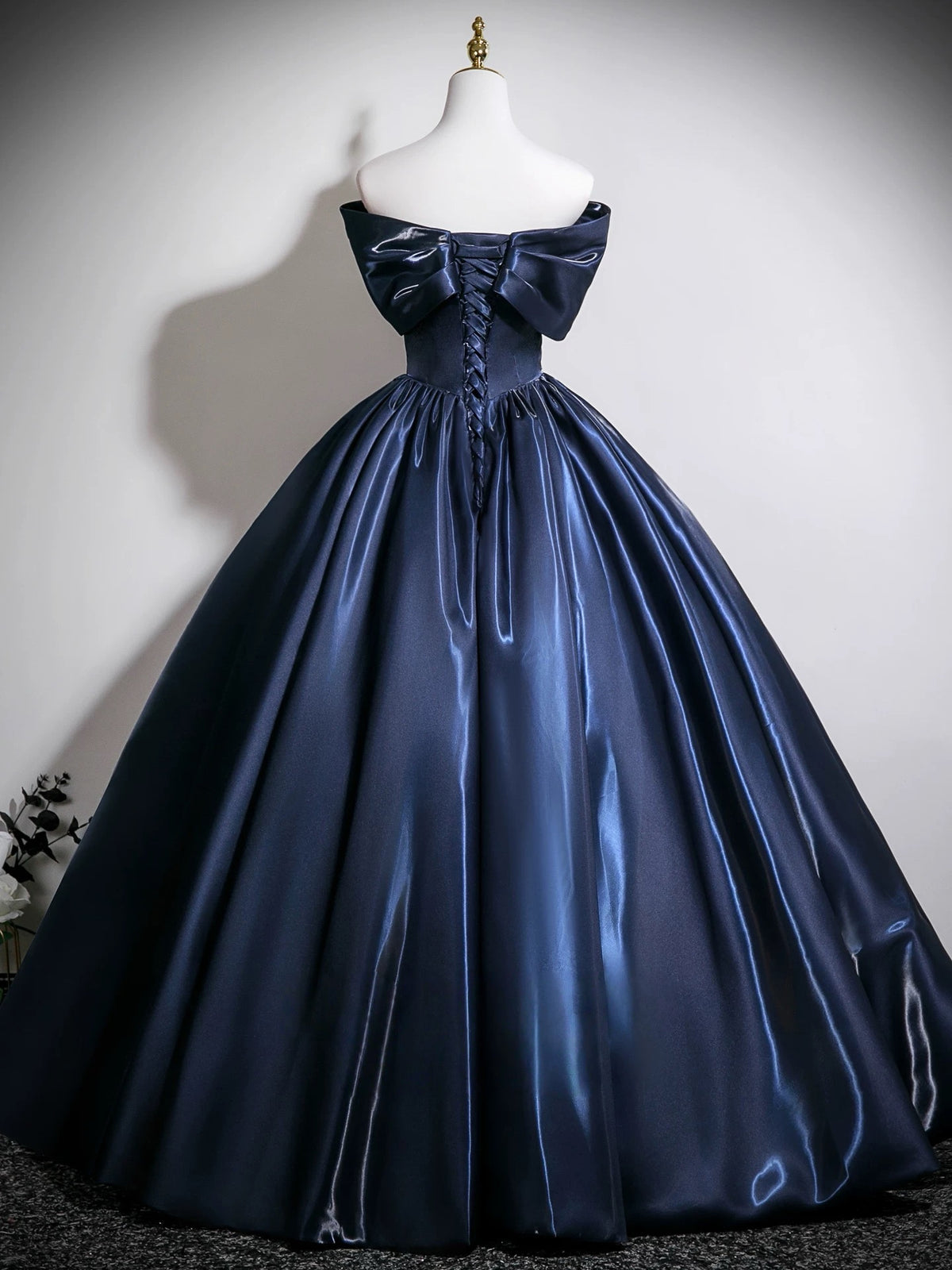 A-line V Neck Satin Floor Length Dark Blue Long Prom Dress