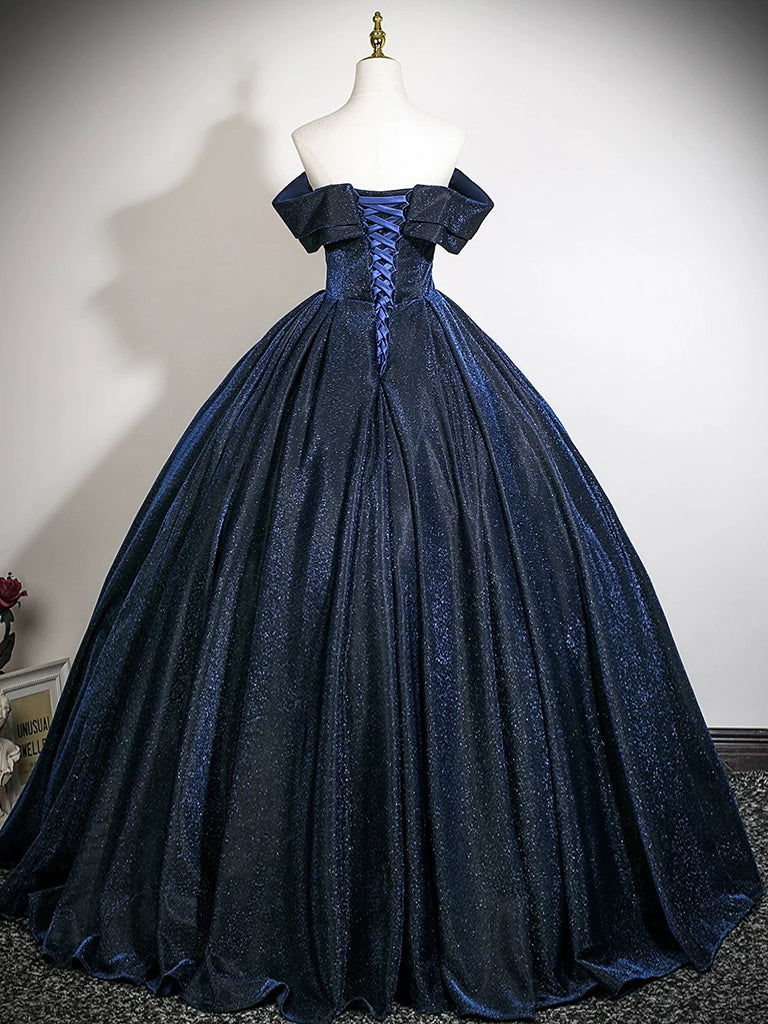 A-Line Off Shoulder Dark Blue Long Prom Dress, Dark Blue Long Formal Dress