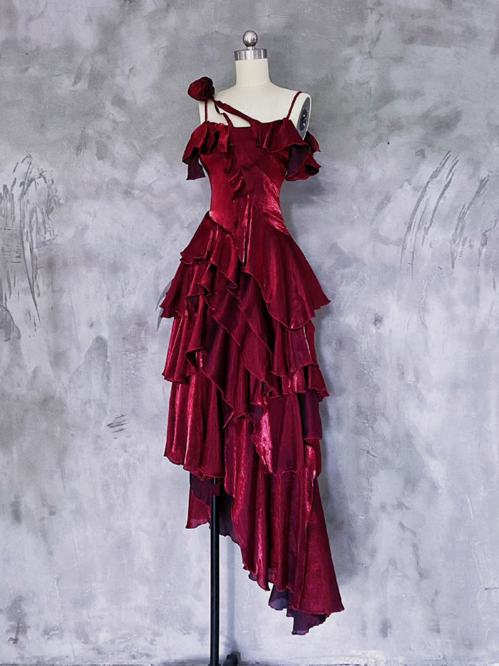 A-line Off Shoulder Silk Irregular Ruffles Burgundy Prom Dress