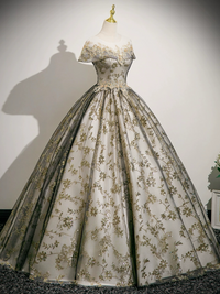 A-Line Tulle Lace Gray Long Prom Dress, Gray Long Evening Dress
