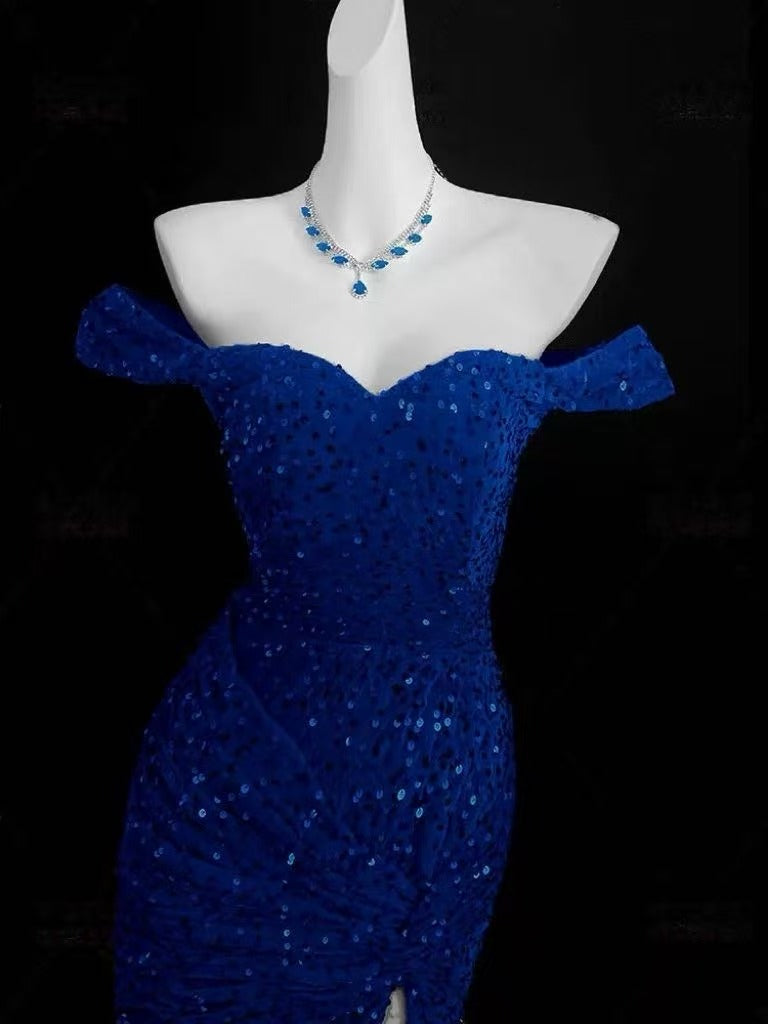 Mermaid Off Shoulder Velvet Sequin Blue Long Prom Dress